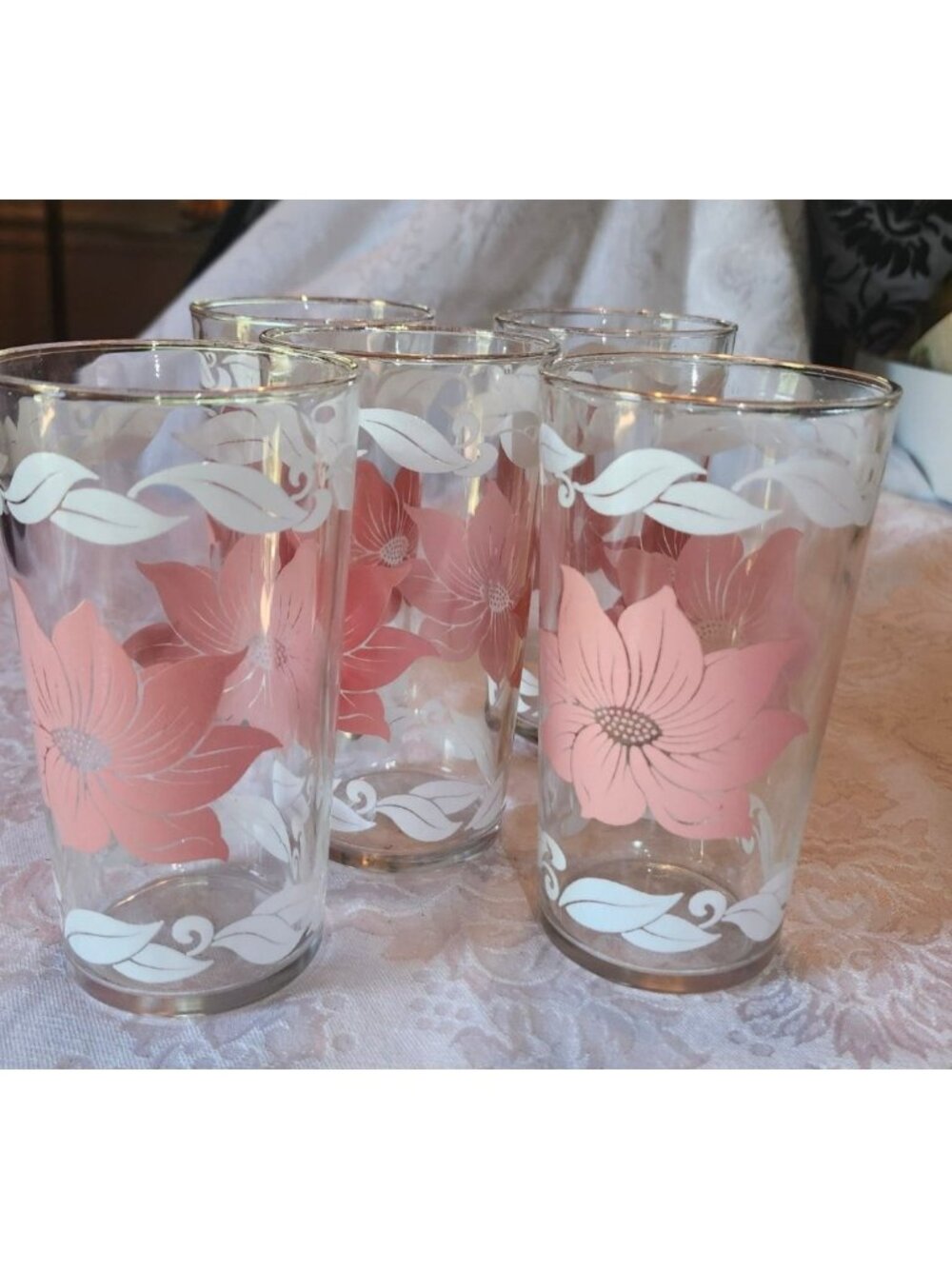 Vintage Pink & White Hibiscus Glass Tumblers Set Of 5 5-Inch Tall Floral Design - Picture 8 of 10